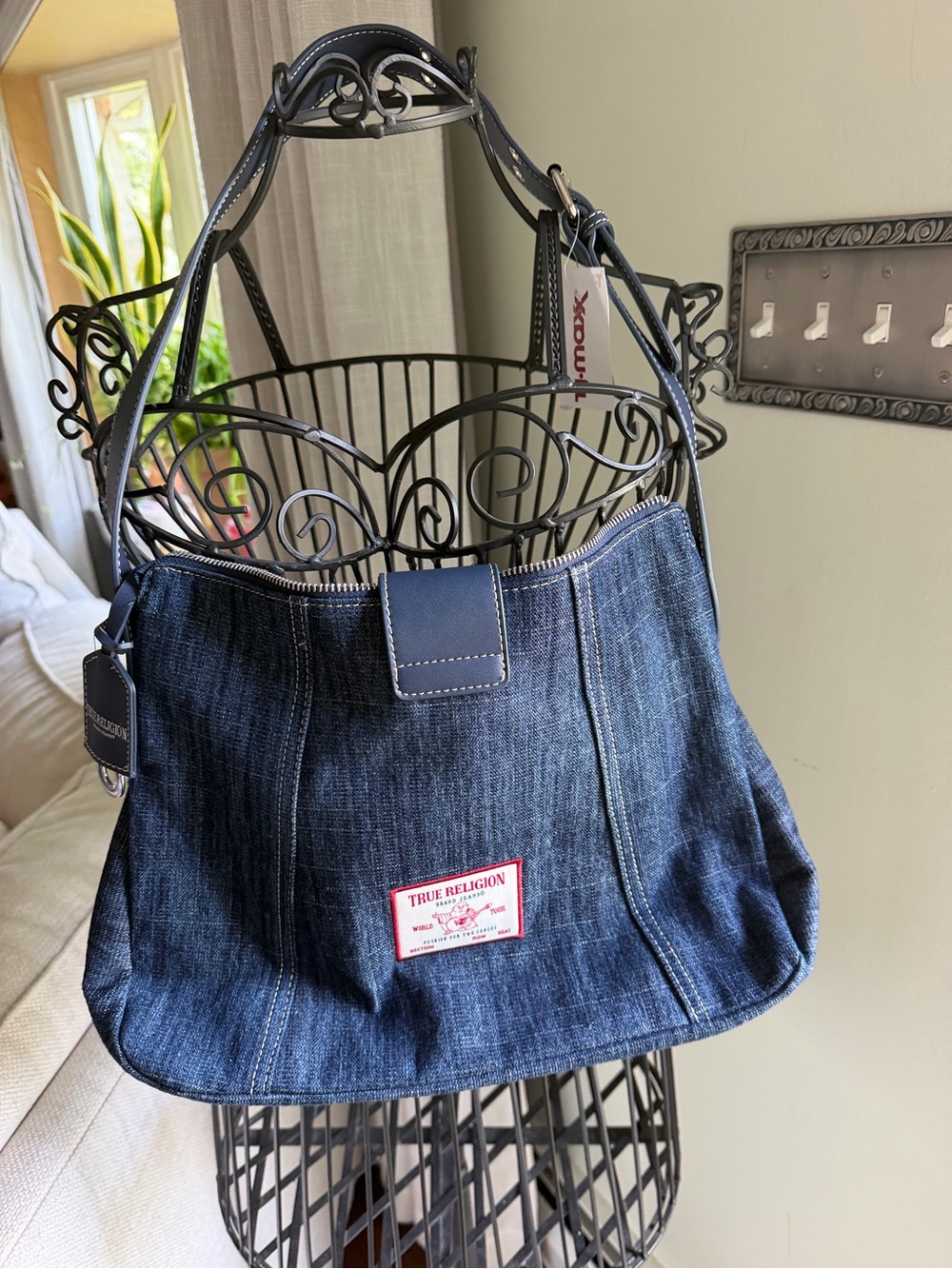 True Religion Navy Denim Shoulder Bag with Leather Trim